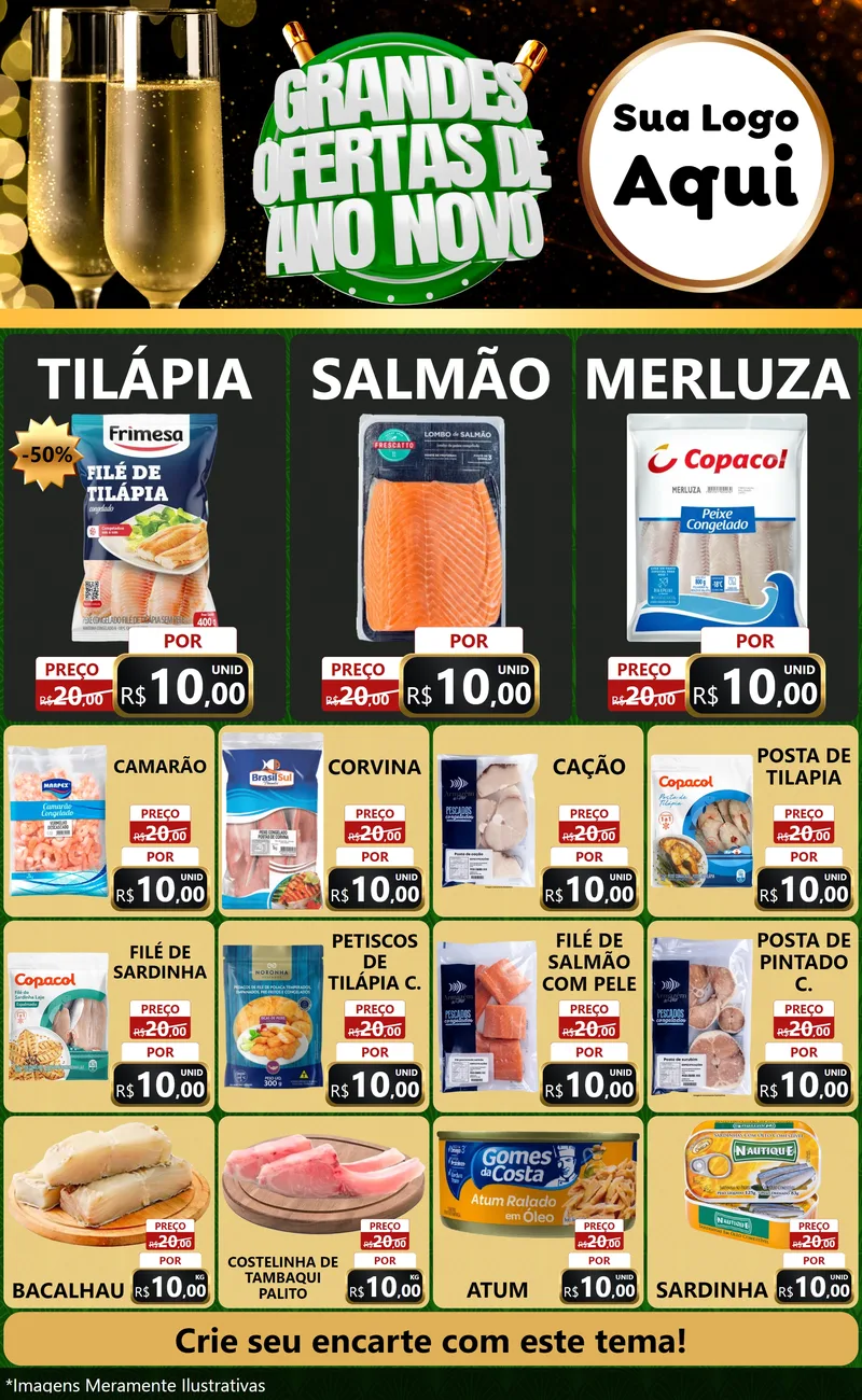 Modelo de Encarte para Encarte Grande com o tema Grandes Ofertas de Ano Novo para Peixaria
