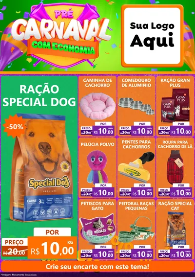 Modelo de Encarte para Encarte A4 Vertical com o tema Pré-Carnaval Com Economia para Pet Shop