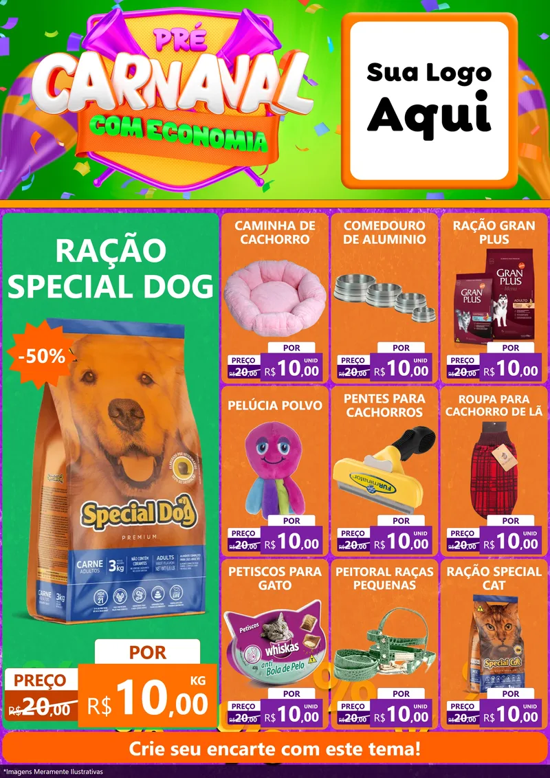 Modelo de Encarte para Encarte A4 Vertical com o tema Pré-Carnaval Com Economia para Pet Shop