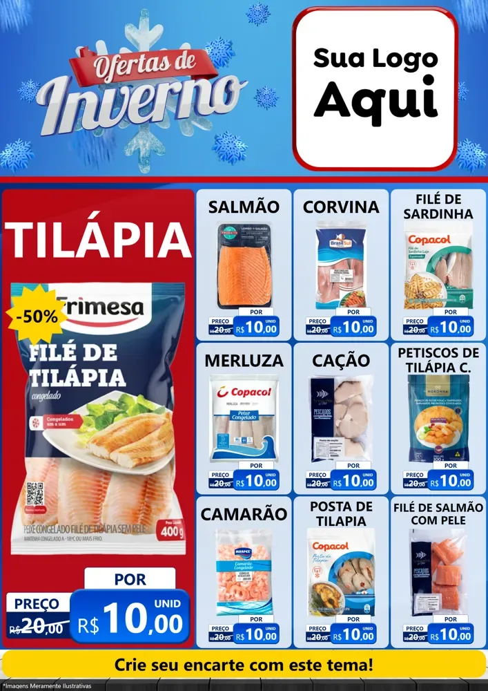 Modelo de Encarte para Encarte A4 Vertical com o tema Ofertas de Inverno para Peixaria