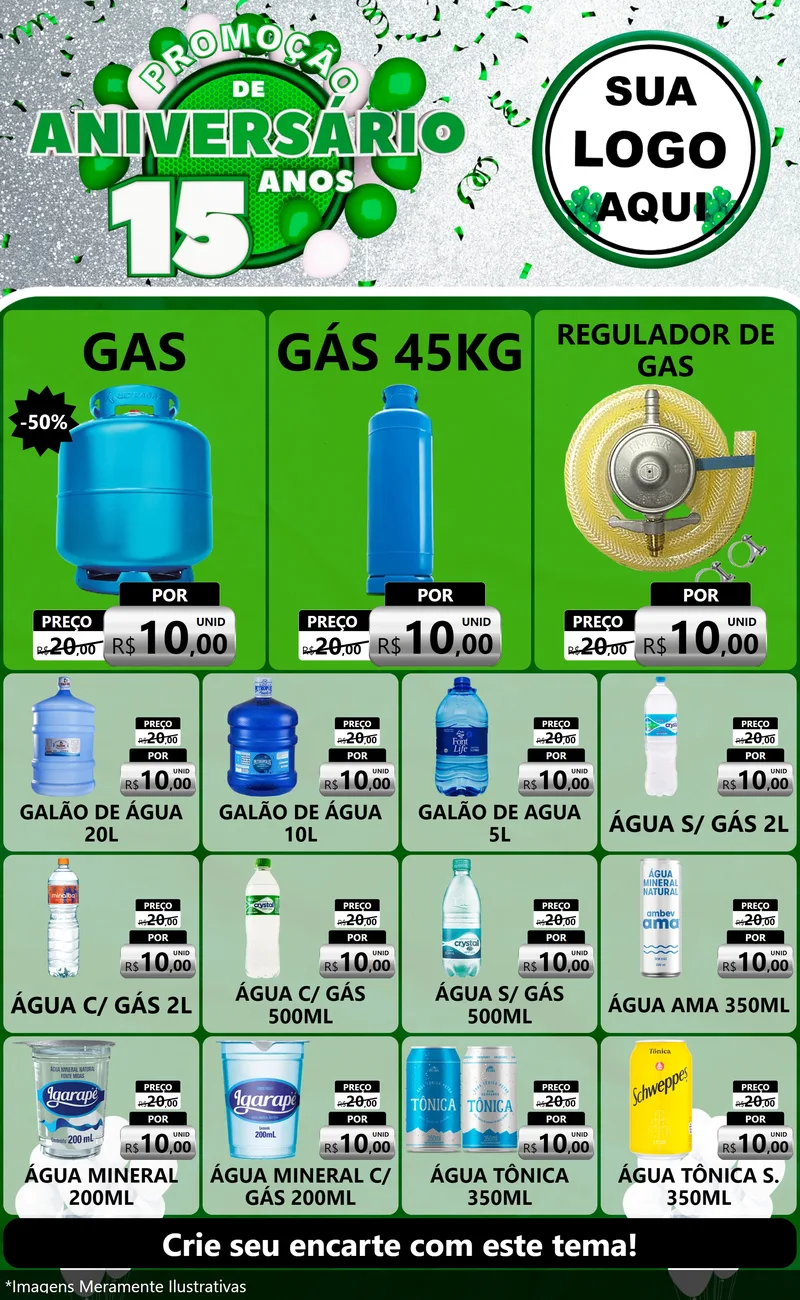 Modelo de Encarte para Encarte Grande com o tema Promoção de Aniversário - 15 Anos para Água e gás