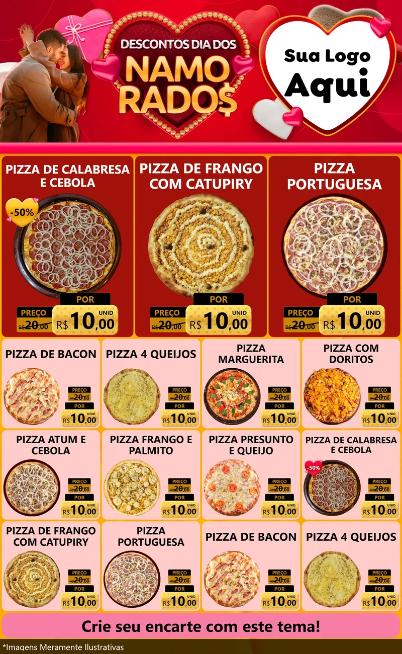 Modelo de Encarte para Encarte Grande com o tema Descontos Dia dos Namorados para Pizzaria