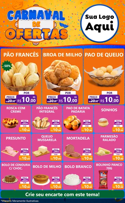 Modelo de Encarte para Encarte Grande com o tema Carnaval de Ofertas para Padaria