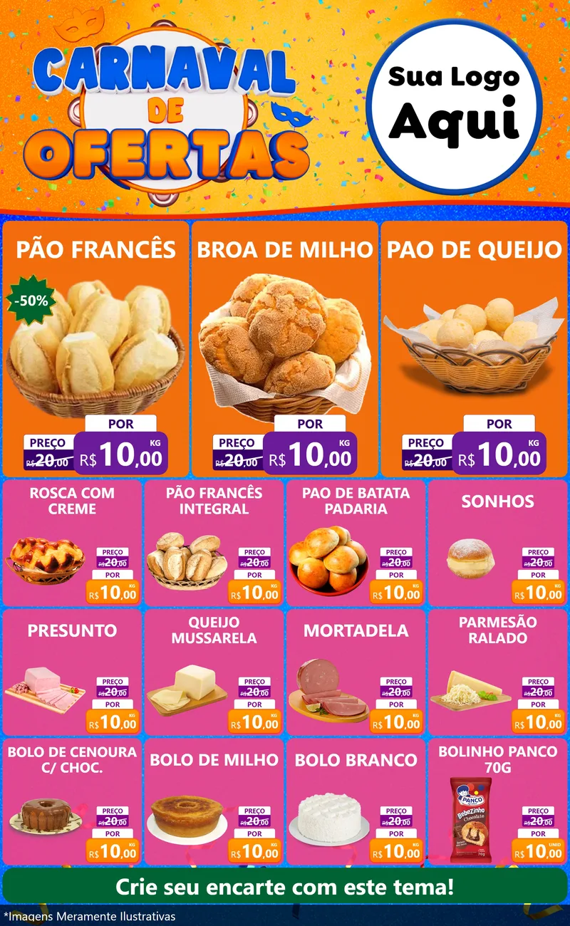 Modelo de Encarte para Encarte Grande com o tema Carnaval de Ofertas para Padaria