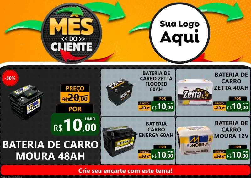Modelo de Encarte para Encarte A4 Horizontal com o tema Mês do Cliente para Baterias Elétricas