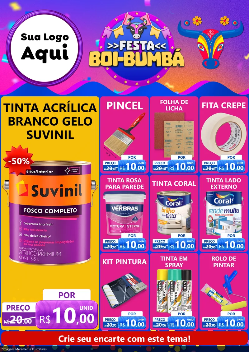 Modelo de Encarte para Encarte A4 Vertical com o tema Festa Boi-Bumbá para Tintas e Ferramentas
