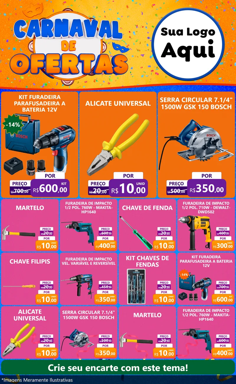Modelo de Encarte para Encarte Grande com o tema Carnaval de Ofertas para Maquinas e Ferramentas