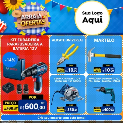Modelo de Rede Social para Feed Facebook com o tema Arraiá de Ofertas para Maquinas e Ferramentas