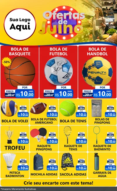 Modelo de Encarte para Encarte Grande com o tema Ofertas de Julho para Artigos Esportivos