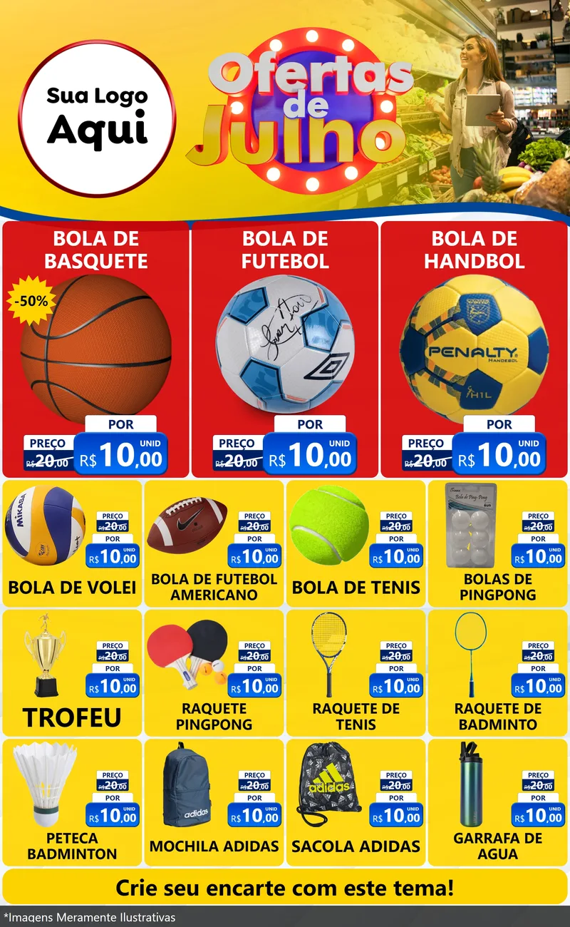 Modelo de Encarte para Encarte Grande com o tema Ofertas de Julho para Artigos Esportivos