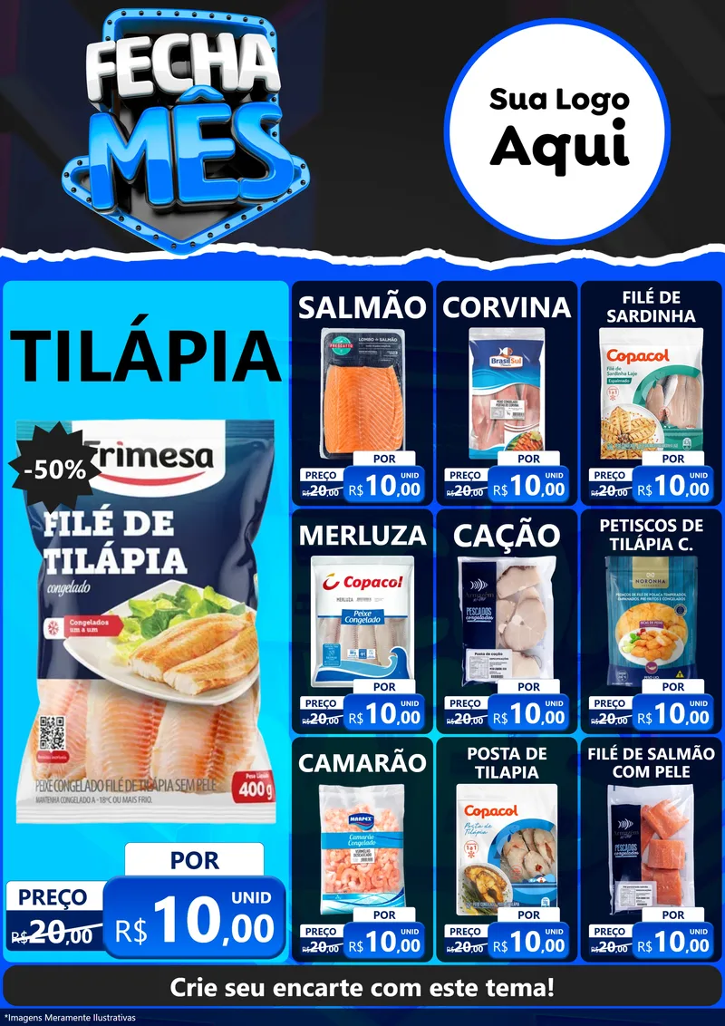 Modelo de Encarte para Encarte A4 Vertical com o tema Fecha Mês para Peixaria