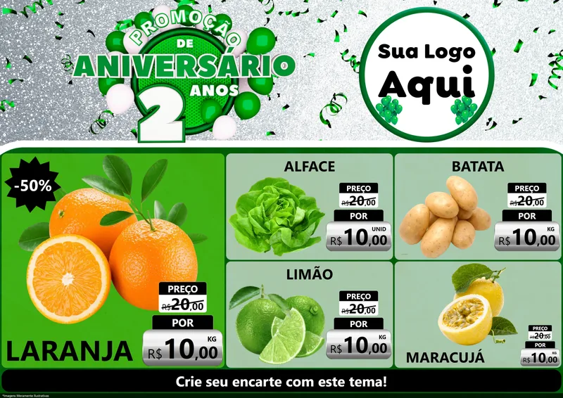 Modelo de Encarte para Encarte A4 Horizontal com o tema Promoção de Aniversário - 2 Anos para Hortifrúti