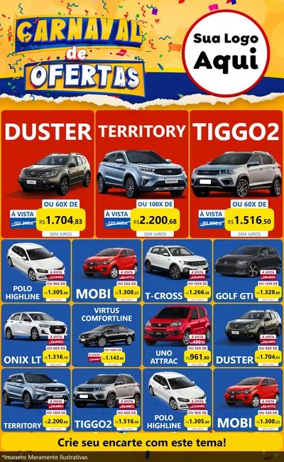 Modelo de Encarte para Encarte Grande com o tema Carnaval de Ofertas para Concessionaria de Carros