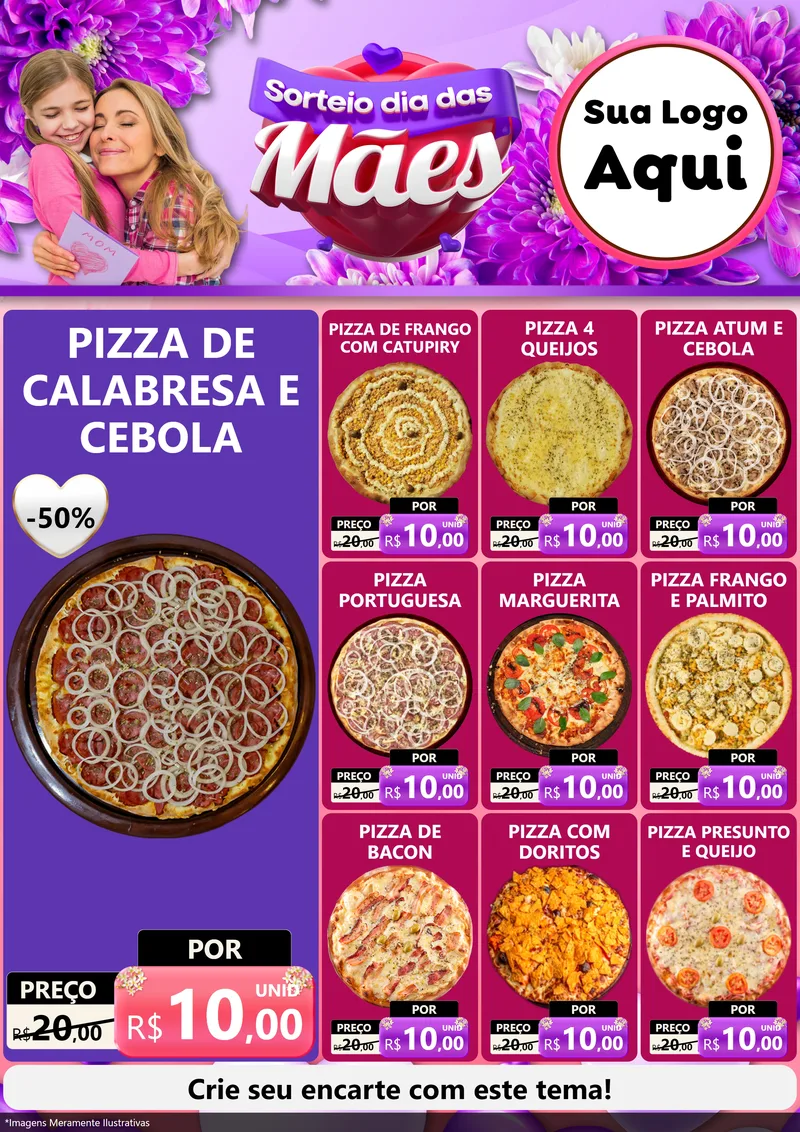 Modelo de Encarte para Encarte A4 Vertical com o tema Sorteio Dia das Mães para Pizzaria