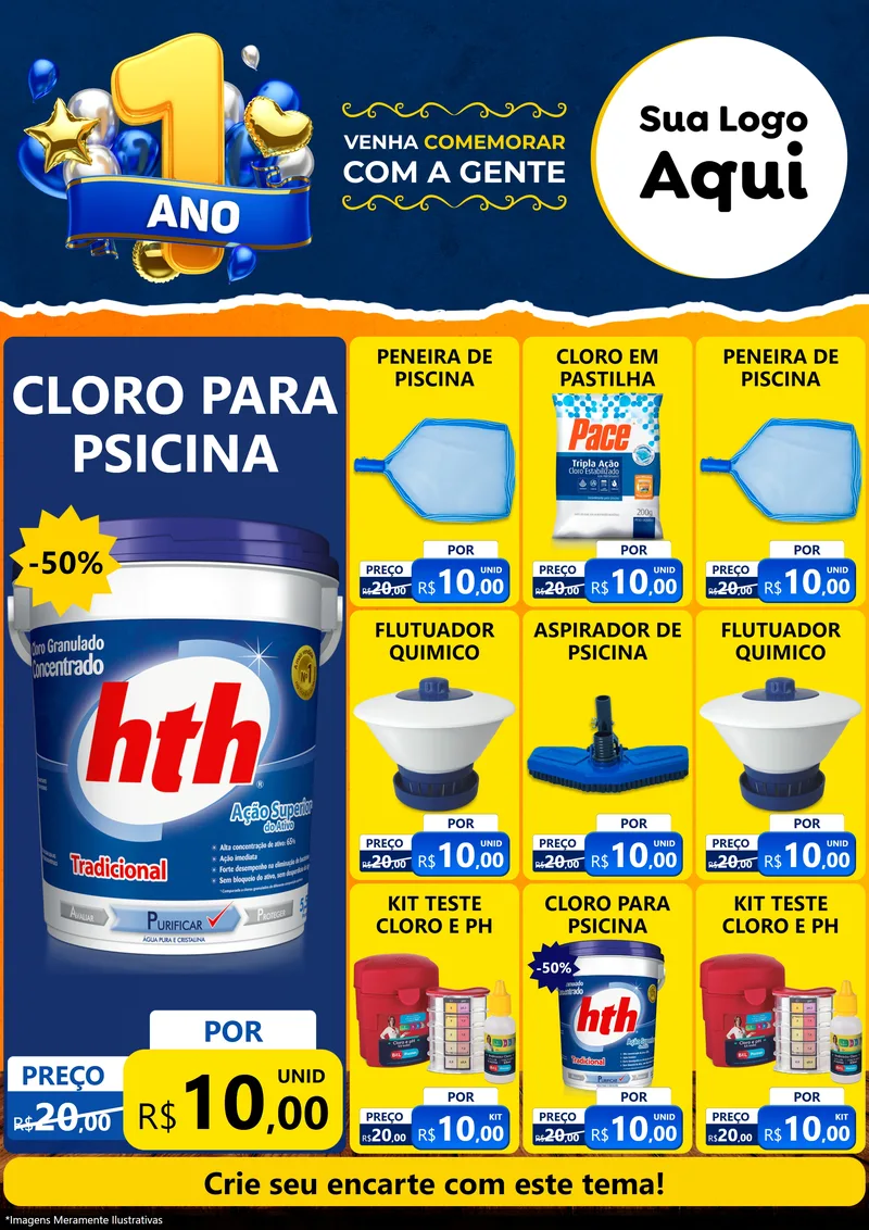 Modelo de Encarte para Encarte A4 Vertical com o tema Um Ano de Aniversário para Produtos para Piscina