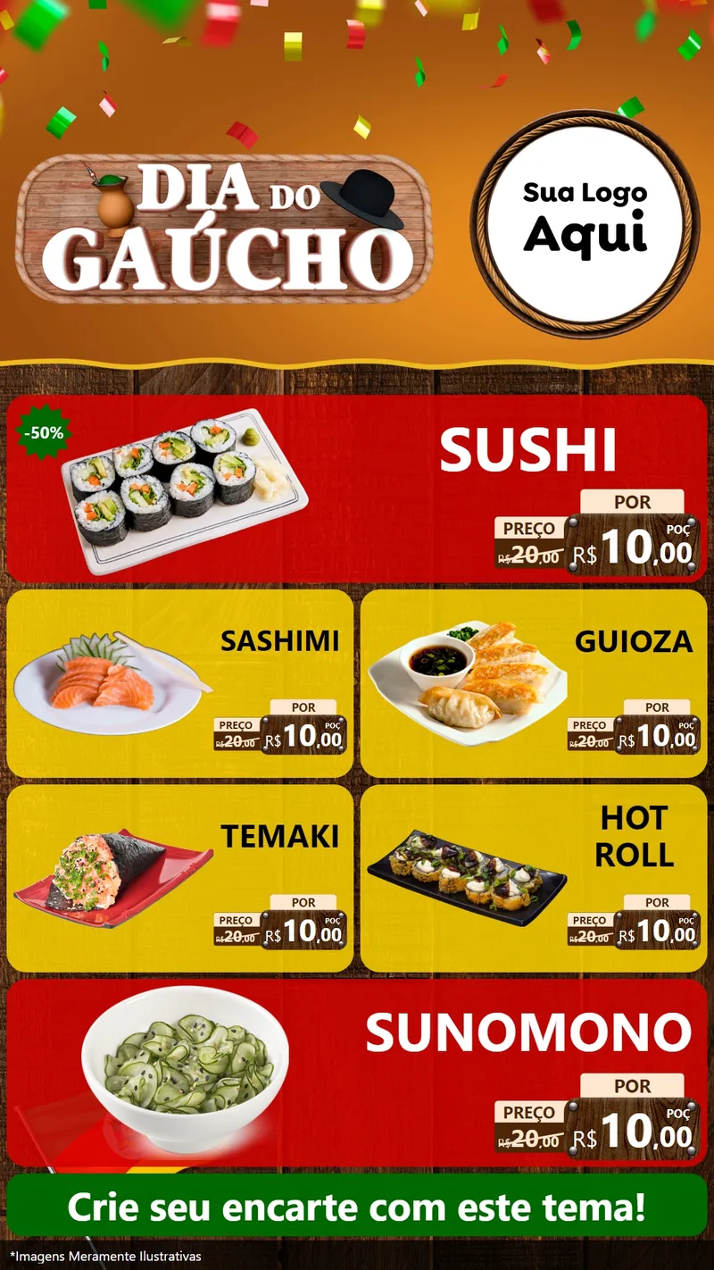 Modelo de TV para TV Vertical com o tema Dia do Gaúcho para Comida japonesa