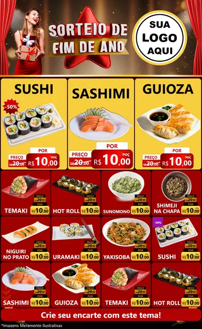 Modelo de Encarte para Encarte Grande com o tema Sorteio de Fim de Ano para Comida japonesa