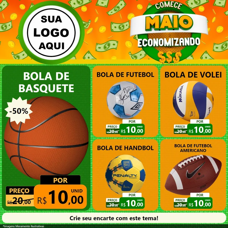 Modelo de Rede Social para Feed Facebook com o tema Comece Maio Economizando para Artigos Esportivos