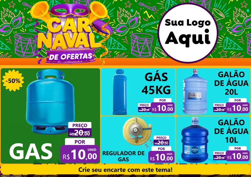 Modelo de Encarte para Encarte A4 Horizontal com o tema Carnaval de Ofertas para Água e gás