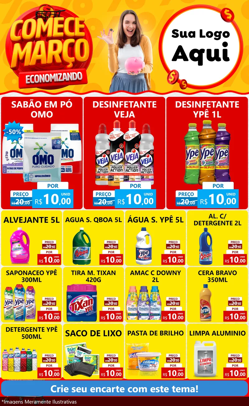Modelo de Encarte para Encarte Grande com o tema Comece Março Economizando para Produtos de Limpeza