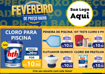 Modelo de Encarte para Encarte A4 Horizontal com o tema Fevereiro de Preço Baixo para Produtos para Piscina
