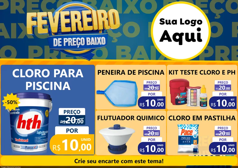 Modelo de Encarte para Encarte A4 Horizontal com o tema Fevereiro de Preço Baixo para Produtos para Piscina