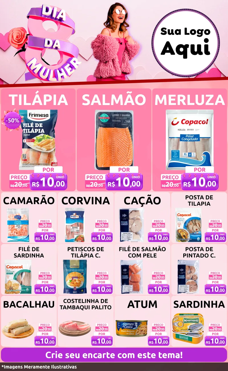 Modelo de Encarte para Encarte Grande com o tema Dia da Mulher para Peixaria