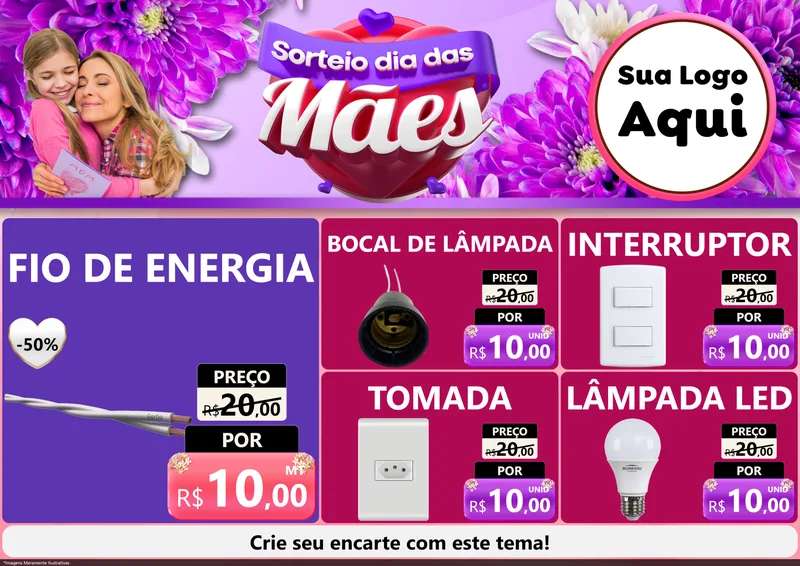 Modelo de Encarte para Encarte A4 Horizontal com o tema Sorteio Dia das Mães para Materiais Elétricos
