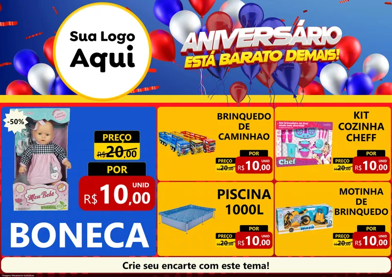 Modelo de Encarte para Encarte A4 Horizontal com o tema Aniversário para Brinquedos