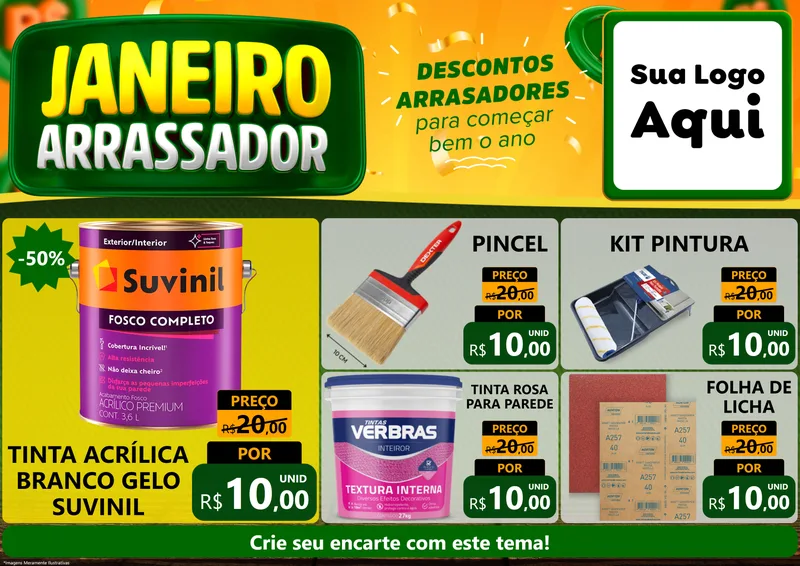 Modelo de Encarte para Encarte A4 Horizontal com o tema Janeiro Arrasador para Tintas e Ferramentas