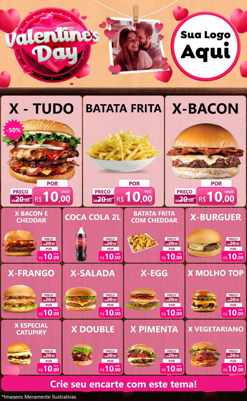 Modelo de Encarte para Encarte Grande com o tema Valentine's Day para Hamburgueria