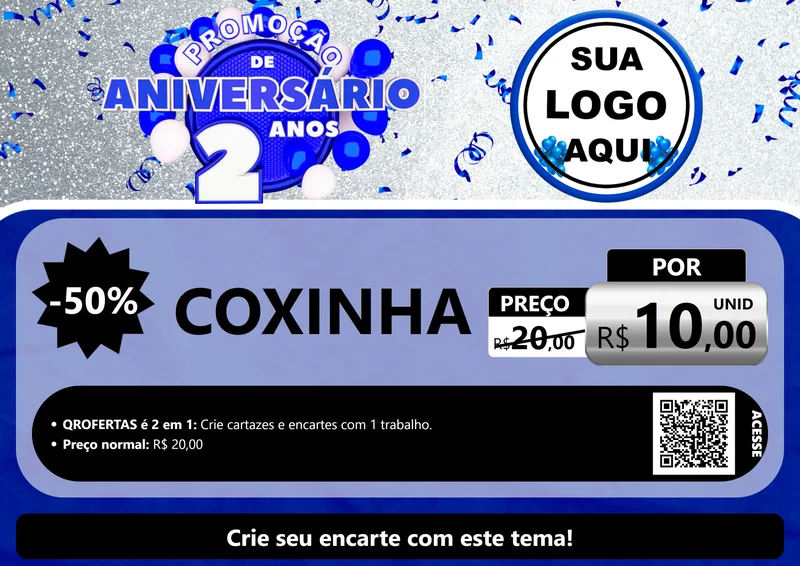 Modelo de Cartaz para Cartaz A4 Horizontal com o tema Promoção de Aniversário - 2 Anos para Salgadaria