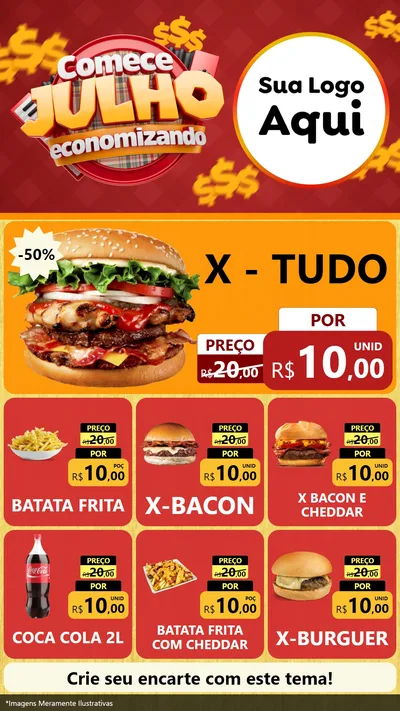 Modelo de Rede Social para Stories com o tema Comece Julho Economizando para Hamburgueria