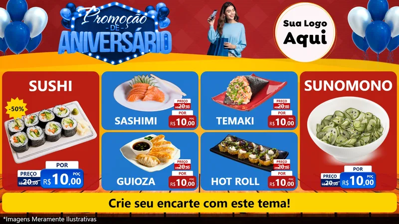 Modelo de TV para TV Horizontal com o tema Promoção de Aniversário para Comida japonesa