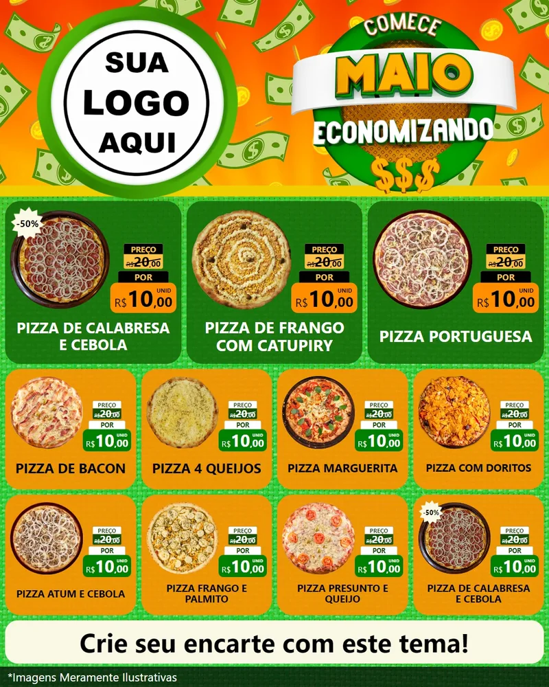 Modelo de Rede Social para Feed Instagram com o tema Comece Maio Economizando para Pizzaria