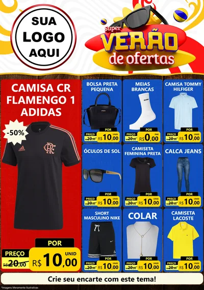 Modelo de Encarte para Encarte A4 Vertical com o tema Super Verão de Ofertas para Roupas e acessórios