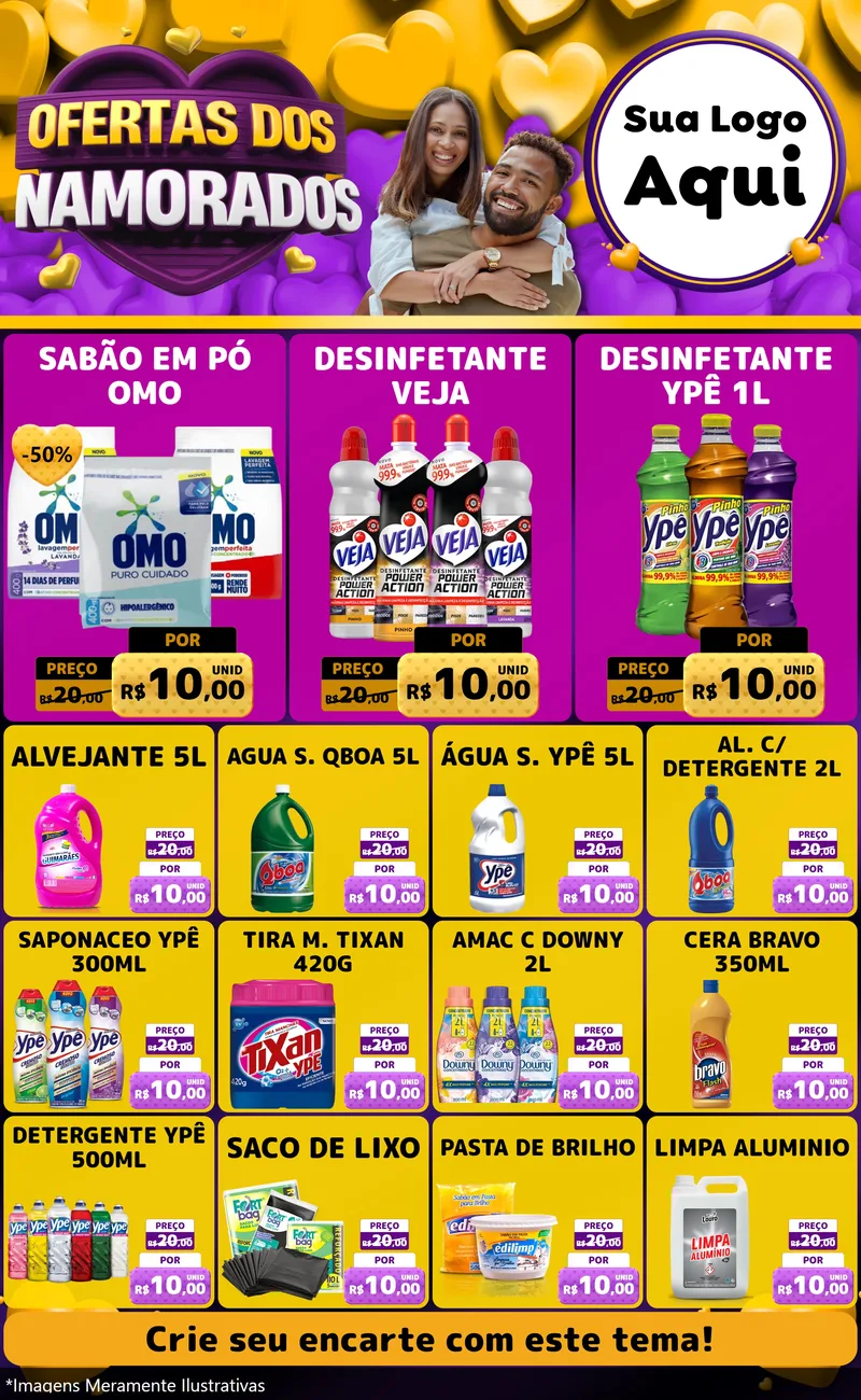 Modelo de Encarte para Encarte Grande com o tema Oferta Dos Namorados para Produtos de Limpeza