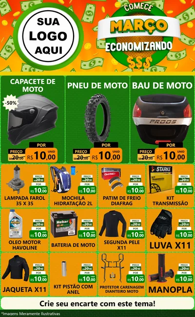 Modelo de Encarte para Encarte Grande com o tema Comece Março Economizando para Moto peças