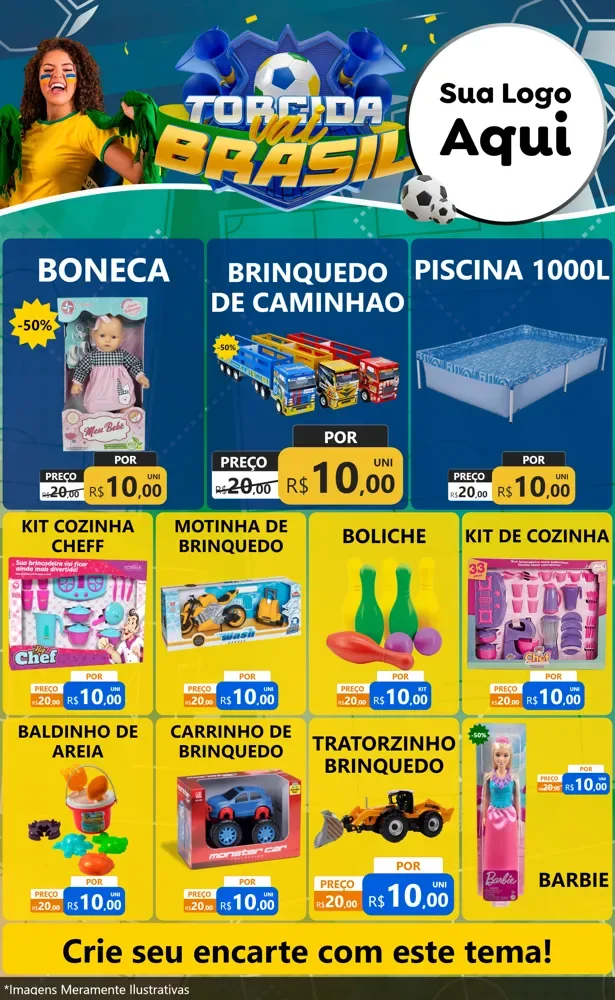 Modelo de Encarte para Encarte Grande com o tema Torcida Vai Brasil - Copa para Brinquedos