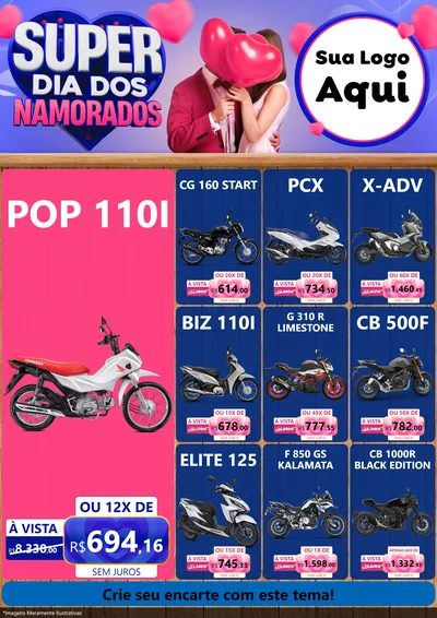 Modelo de Encarte para Encarte A4 Vertical com o tema Super Dia dos Namorados para Concessionaria de Motos