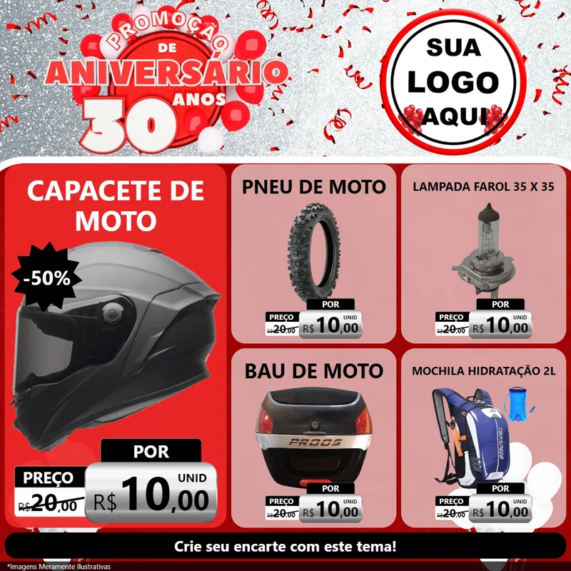 Modelo de Rede Social para Feed Facebook com o tema Promoção de Aniversário - 30 Anos para Moto peças