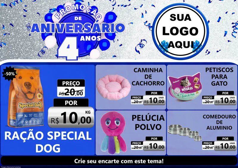 Modelo de Encarte para Encarte A4 Horizontal com o tema Promoção de Aniversário - 4 Anos para Pet Shop