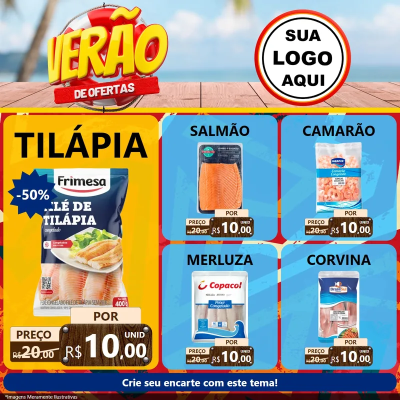 Modelo de Rede Social para Feed Facebook com o tema Verão de Ofertas para Peixaria