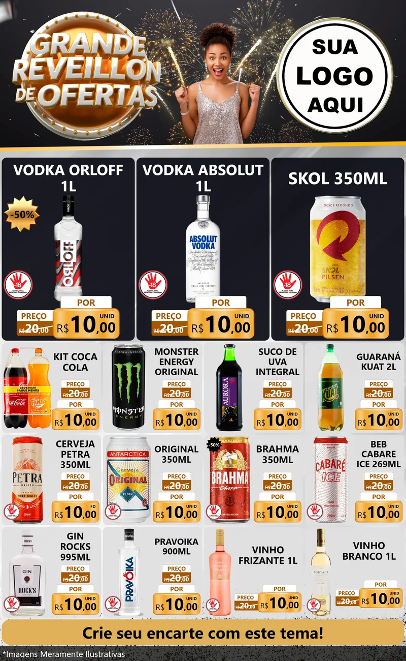 Modelo de Encarte para Encarte Grande com o tema Grande Réveillon de Ofertas para Distribuidora de bebidas