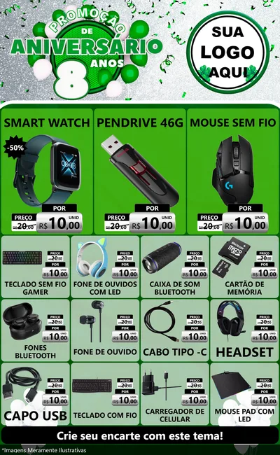 Modelo de Encarte para Encarte Grande com o tema Promoção de Aniversário - 8 Anos para Informática