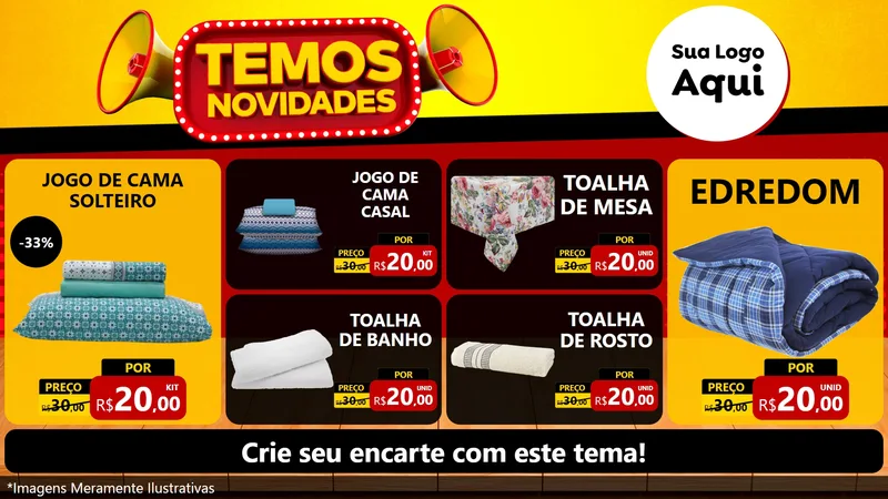 Modelo de TV para TV Horizontal com o tema Temos Novidades para Cama, Mesa e Banho