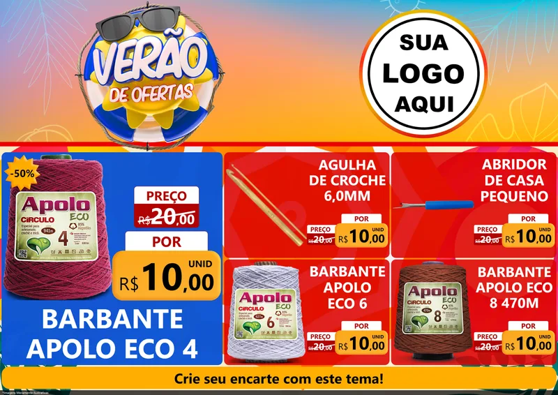 Modelo de Encarte para Encarte A4 Horizontal com o tema Verão de Ofertas para Armarinho e Aviamentos