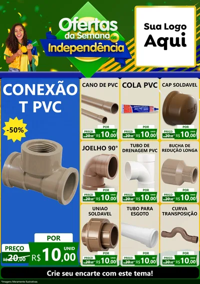 Modelo de Encarte para Encarte A4 Vertical com o tema Ofertas da Semana da Independência para Tubos e conexões