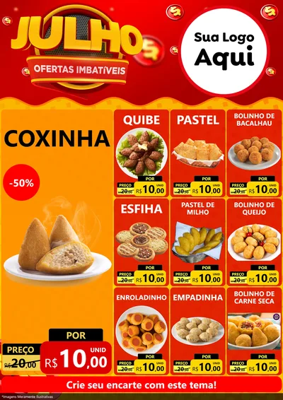 Modelo de Encarte para Encarte A4 Vertical com o tema Julho Ofertas Imbatíveis para Salgadaria