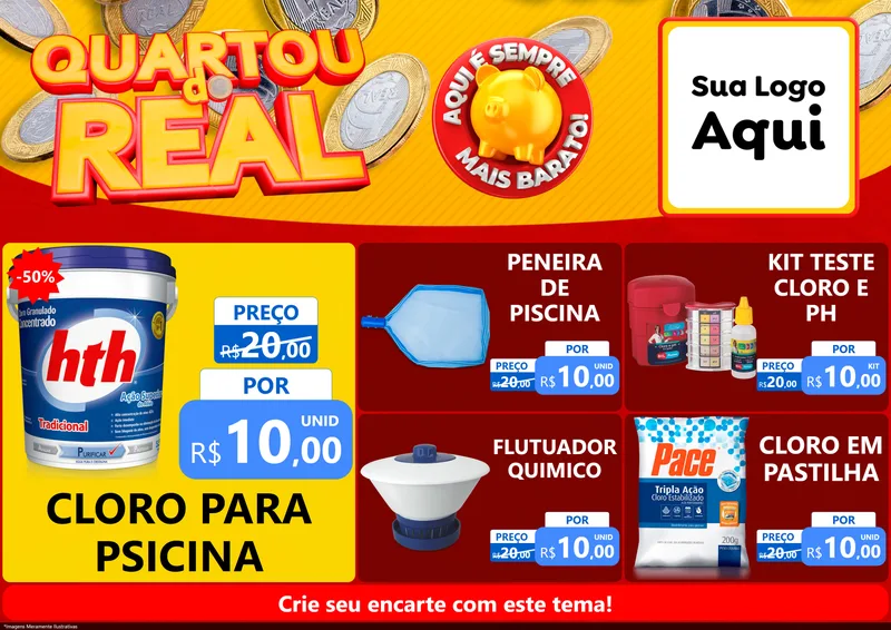 Modelo de Encarte para Encarte A4 Horizontal com o tema Quartou do Real para Produtos para Piscina